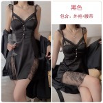 Guiruo satin patchwork lace perspective sexy deep V with chest cushion suspender, pajama robe, home suit set J3179