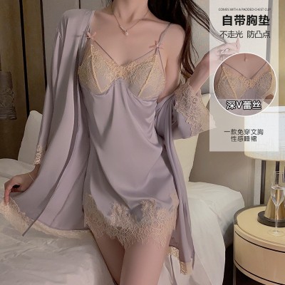 Guiruo High Grade Sexy Plus Chest Cushion Gather Sleeping Skirt Open Back Temptation Sleepwear Outer Robe Women's Home Furnishing Set 1048