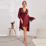 Guiruo European and American Foreign Trade Sexy Deep V Satin Side Split Sleeping Dress Lace up Outer Robe Home Furnishing Set Cross border 9151