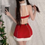 Guiruo Fun Underwear Christmas Velvet Sleeping Dress Open Back Role Play Hanging Neck Hollow out Sleeping Dress Uniform Set 2433