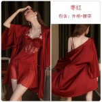 Qiruo Autumn and Winter Sexy Steel Ring Gathers Private Room Pajamas Solid Color Suspended Sleeping Dress Outer Robe Women's Home Furnishing Set 2072