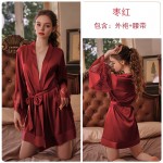 Guiruo Brand's New Spring/Summer Simulated Silk Cuff Splicing Lace Lace up Nightgown Bathrobe Home Furnishing 1001