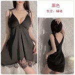 Guiruo Sexy Satin Smooth Seduction Backless Deep V Plus Chest Pads Lace Suspender Sleeping Dress Home Suit Set 2957