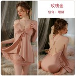 Ruo Ruo Satin Lace Sexy Deep V with Chest Pads Cross Back Seduction Sleeping Skirt Outer Robe Home Suit Set 3235