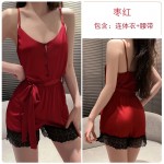 Guiruo Solid Color Jumpsuit New Casual V-neck Lace up Slim Sleepwear Ice Silk Comfortable Home Suit Set 19078