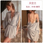 Guiruo Sexy Strap Temptation Pajamas Sweet Bow Deep V Suspended Pajama Dress Outer Robe Home Suit Set 2065