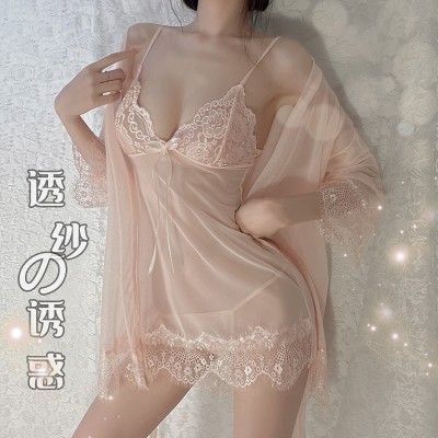 Guiruo Fun Lingerie Sexy Solid Lace Strap Dress Mesh Perspective Lace Up Outer Robe Home Suit Set 525