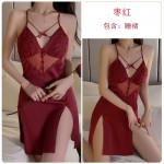 Guiruo Summer Sexy Backless Temptation Ice Silk Slit Sleepwear Sling Sleeping Dress Outer Robe Women's Home Furnishing Set 2355