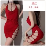 Guiruo Sexy Hanging Neck Deep V Split Hollow Waist Show Thin Net Red Nightclub Fun Sleeping Dress Uniform Set 2497