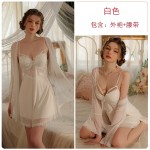 Guiruo Sexy Deep V with Chest Cushion Steel Ring Gathering Perspective Lace Temptation Sleeping Dress Outer Robe Home Suit Set 2679