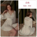 Guiruo Brand French Sexy Satin Lapel Waist Lace up Open Front Shirt Pajama Home Suit Set P3049