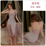 Guiruo Sexy Satin Solid Dark V Open Back Padded Sleeping Dress Comfortable Outer Robe Women's Home Furnishing Set W2799