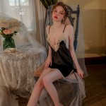 Guiruo Sexy Velvet Deep V Solid Lace Seduction Women's Suspender Sleeping Dress Comfortable Outer Robe Home Suit Set 2829