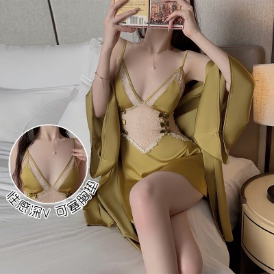 Guiruo Sexy Pajamas Deep V Lace Perspective Temptation with Chest Pads Gather Sleeping Skirt Outer Robe Home Furnishing Set 1667