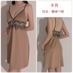 Guiruo Spring/Summer New Sexy Deep V Satin Splice Mesh Embroidery Hanging Strap Nightwear Home Suit Set Issued on behalf of 252