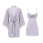 Guiruo backless seductive pajamas, solid color pleated, slimming suspender dress, tie up outer robe, comfortable home clothing set 2063