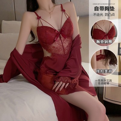 Guiruo Sexy Gathering Pajamas with Chest Pads and Steel Rings Large Hanging Pajama Dress Outer Robe Women's Home Furnishing Set 2044