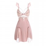 Ruo Ruo Spring/Summer Sexy Lace Backless Temptation with Chest Pads Gathered Outer Robe Simple Women's Homewear Set 3038