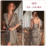 Guiruo brand solid color pajamas with slit, sexy private room suspender dress, lace embroidery cardigan, home clothing set 991