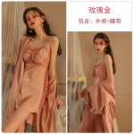 Guiruo Sexy Solid Color Pajamas Lace up Cardigan Outer Robe Comfortable Drawstring Hollow out Suspended Dress Home Suit Set 2047