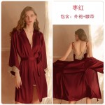 Guiruo Sexy Thin Silk Lace Cardigan Lace up Nightgown Bathrobe Suspended Nightgown Women's Home Suit Set 272