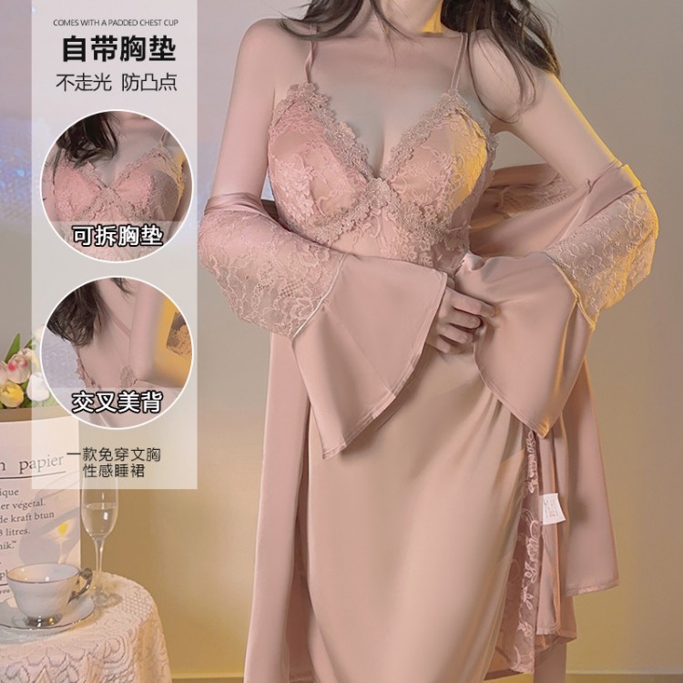 Rose Ruosi Smooth Satin Lace Deep V Sexy Open Back Slim Fit Slim Slim Slim Suspended Sleeping Dress Outer Robe Home Set 2744