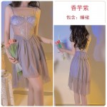 Guiruo Sexy Backless Perspective Lace and Chest Cushion Low Breast Temptation Mesh Sleeping Dress Outer Robe Home Set J3302