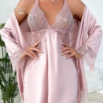 Guiruo European and American Mesh Sexy Perspective Satin Patched Lace Nightgown Outer Robe Women's Home Furnishing Set Foreign Trade 9341