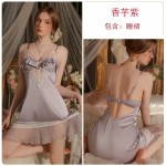 Guiruo satin patchwork mesh sexy hollow open back with chest pad, steel ring suspender, nightgown, outerwear, home suit 3230