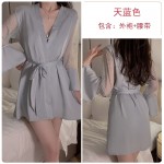 Ruo Ruo Sweet Lace Deep V with Chest Pads Sexy Open Back Silk Smooth Satin Nightgown Outer Robe Home Suit Set 1170