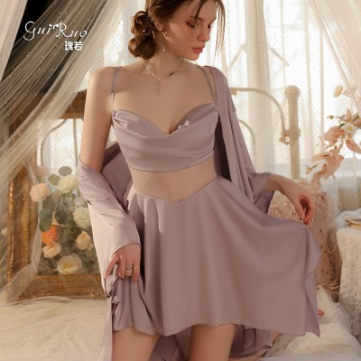 Guiruo French Irregular Hemline Pajamas Sexy Perspective Temptation Sling Pajama Dress Outer Robe Home Suit Set 3254