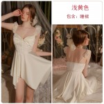 Ruo Ruo Sweet Girl Deep V with Chest Cushion Sexy Open Back Waist Satin Suspended Sleeping Dress Home Suit Set J3434