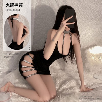 Guiruo Brand's Sexy and Spicy Cutout Split Open Back Pure Desire Hanging Neck One Piece Nightgown Women's Home Furnishing Set 2497