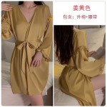 Ruo Ruo Satin Deep V Open Back Seduction Sweet Lace Hanging Sleeping Dress Lace up Outer Robe Women's Home Set 2199