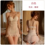 Guiruo Brand Fun Lingerie Sexy Mesh Pleated Nightwear with Open Back and Chest Cushion Suspended Dress Uniform Set 2069