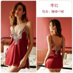 Guiruo Sexy Spring/Summer Lace Embroidery Deep V Open Back Split Temptation Sling Sleeping Dress Outer Robe Home Suit Set 272