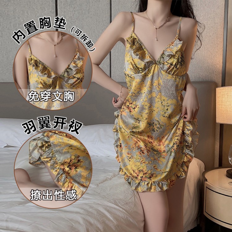 Guiruo Sexy Deep V with Chest Cushion Satin Fresh Fragmented Flower Side Slits Tempting Women's Strap Home Sleeping Dress 3763