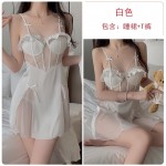 Guiruo Satin Lace and Chest Cushion Steel Ring Gathered and Collated, See-through Seduction Sleeping Dress, Outer Robe, Home Suit Set 2072