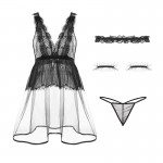 Guiruo Fun Underwear Sexy Lace Temptation Mesh Transparent Nightwear Hot Open Back Split Sleeping Dress Set 547