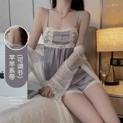 Guiruo French style private room sexy pure desire thin style suspender pajamas shorts mesh outer robe women's home clothing set 3486