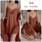 Guiruo Lingerie Satin Lace Sexy Deep V Hollow Lace Lace Double Split Sling Sleeping Dress Outer Robe Home Set 542