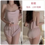 Guiruo Summer Ice Silk Pajamas Swinging Neck Simple Sling Shorts Mesh Outer Robe High Grade Home Fury Set 3588