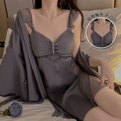 Guiruo satin patchwork lace sheer sexy backless and padded pajama gown women's home set J3123