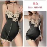 Guiruo Fun Underwear Sexy Deep V Satin Patch Lace Side Split Sleeping Dress Home Suit Set 936