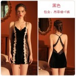 Guiruo Brand Fun Underwear Sexy Velvet Deep V Embroidery Lace Cross Back Suspended Sleeping Dress Set 1086