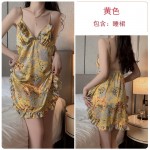 Guiruo Sexy Deep V with Chest Cushion Satin Fresh Fragmented Flower Side Slits Tempting Women's Strap Home Sleeping Dress 3763