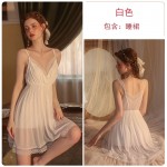 Guiruo Sexy Lace Mesh Perspective Attractive Deep V Sling Sleeping Dress Casual Outrobe Women's Home Furnishing Set 2133