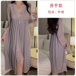 Guiruo Sexy Mesh Perspective Attractive Embroidery Lace and Chest Cushion Sleeping Dress Comfortable Outer Robe Home Suit Set 2241