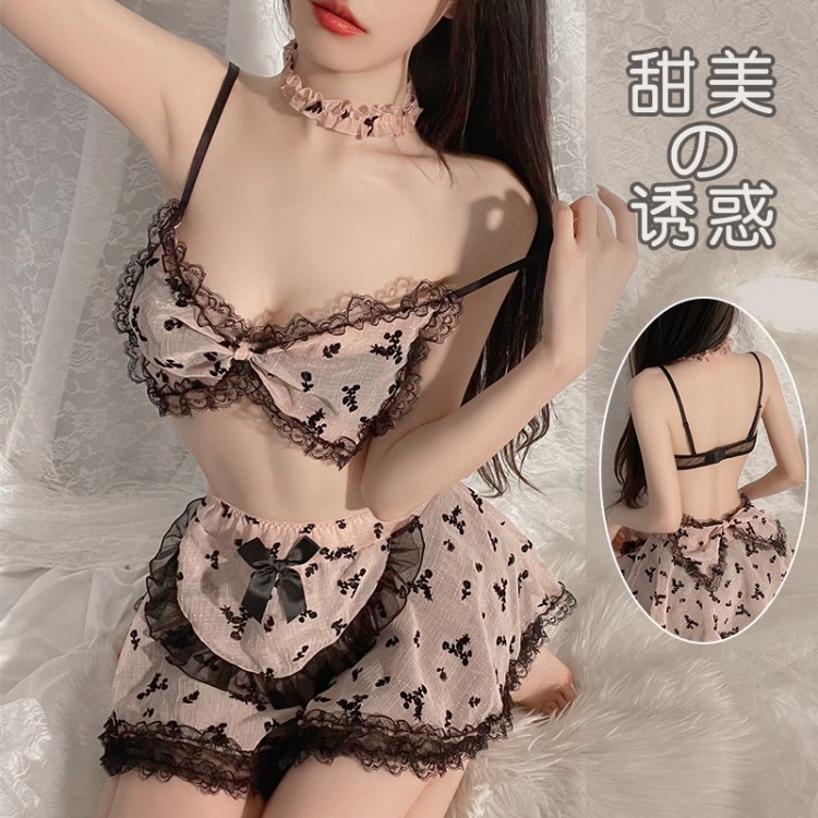 Guiruo Fun Lingerie Sexy Mesh Perspective Pure Desire Backless Bow Short Skirt Maid Uniform Set 2410