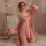 Guiruo Sexy Nightwear Home Fur Women's Thin Pure Desire Ice Silk Sweet Suspender Ribbon Nightwear Outrobe Set 2199